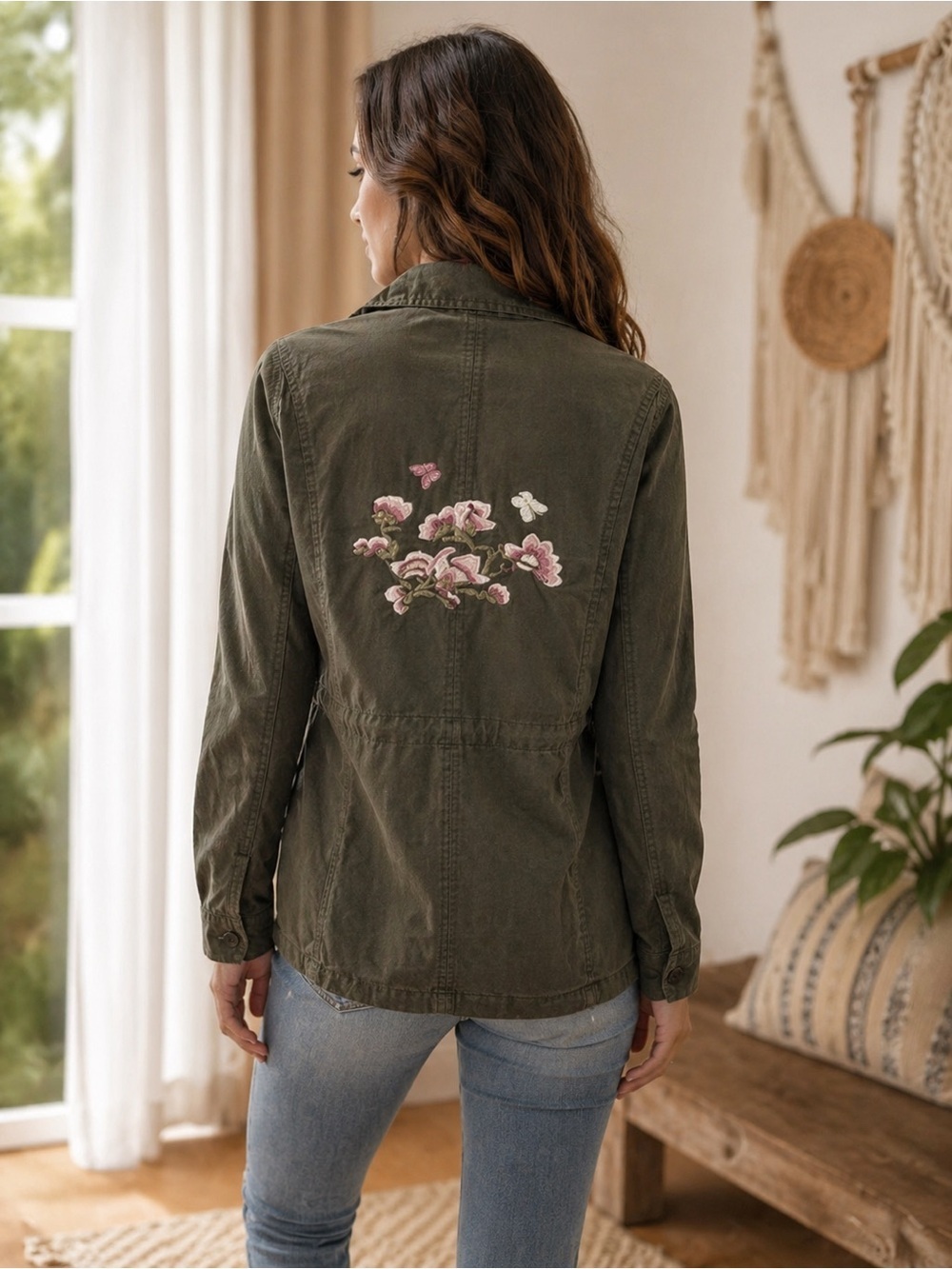 Ashley by 26 International Jacket Sz L Olive Green Floral Embroidered Cottagecor